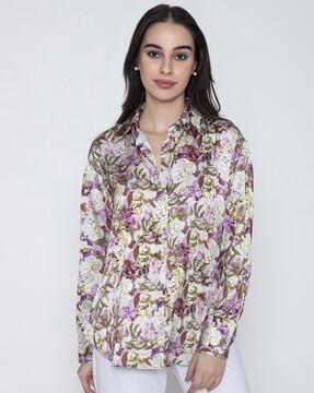 women floral print shirt with spread collar