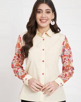 women floral print shirt with spread collar