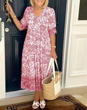 women floral print short sleeves maxi fit & flare dress