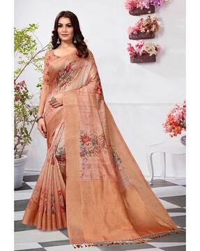 women floral print silk saree with tassels