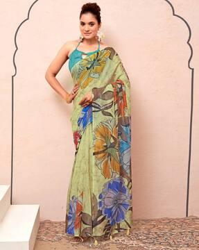 women floral print silk saree with tassels