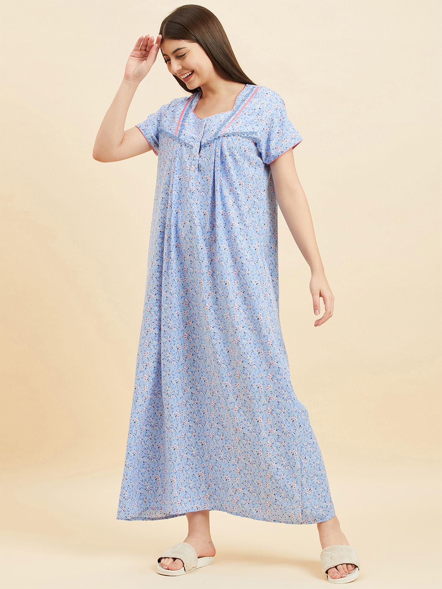 women floral print sky blue long length nighty