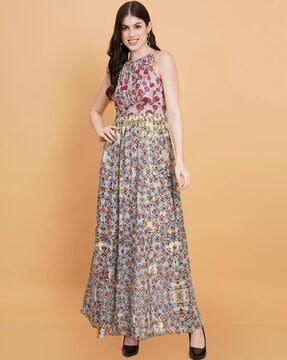 women floral print sleeveless gown dress