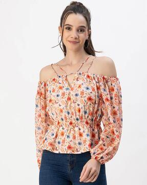 women floral print slim fit off-shoulder top