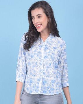 women floral print slim-fit shirt with mandarin collar