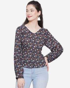 women floral print slim fit top with full sleeves