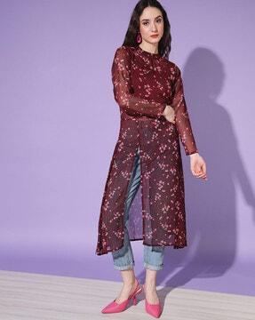 women floral print slim fit tunic with full sleeves