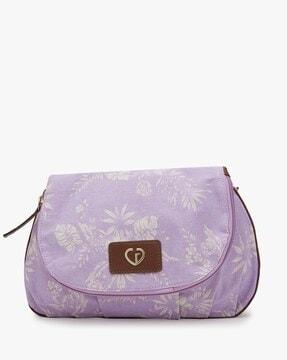 women floral print sling bag with applique logo