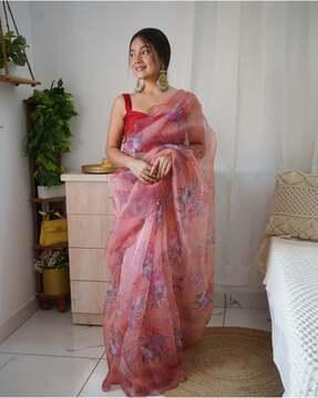 women floral print soft organza saree