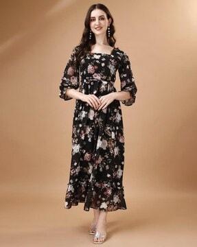 women floral print square-neck a-line dress