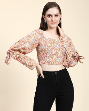 women floral print square-neck crop top