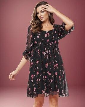 women floral print square-neck fit & flare dress