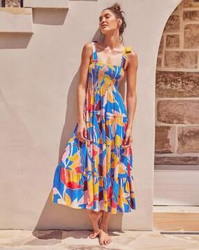 women floral print square-neck maxi tiered dress