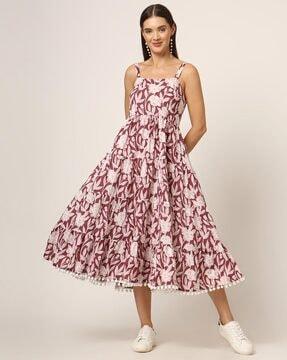 women floral print square-neck tiered dress