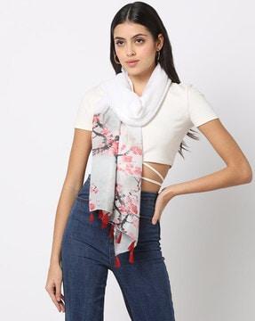 women floral print stole with tassels