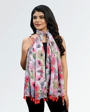 women floral print stole with tassels