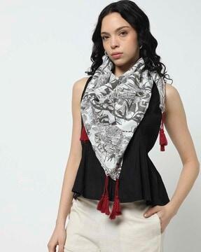 women floral print stole with tassels