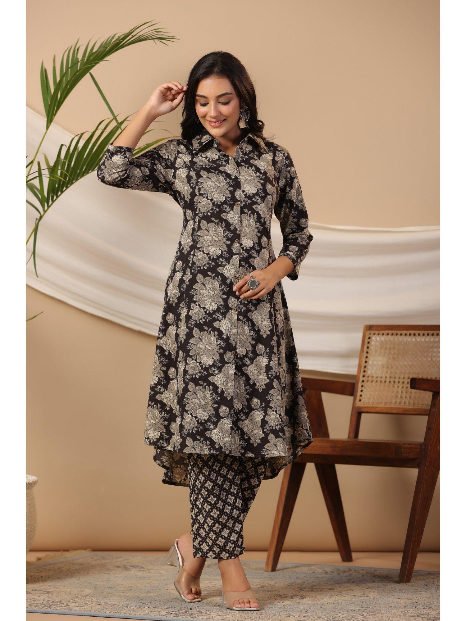 women floral print straight cotton black kurta & pant (set of 2)