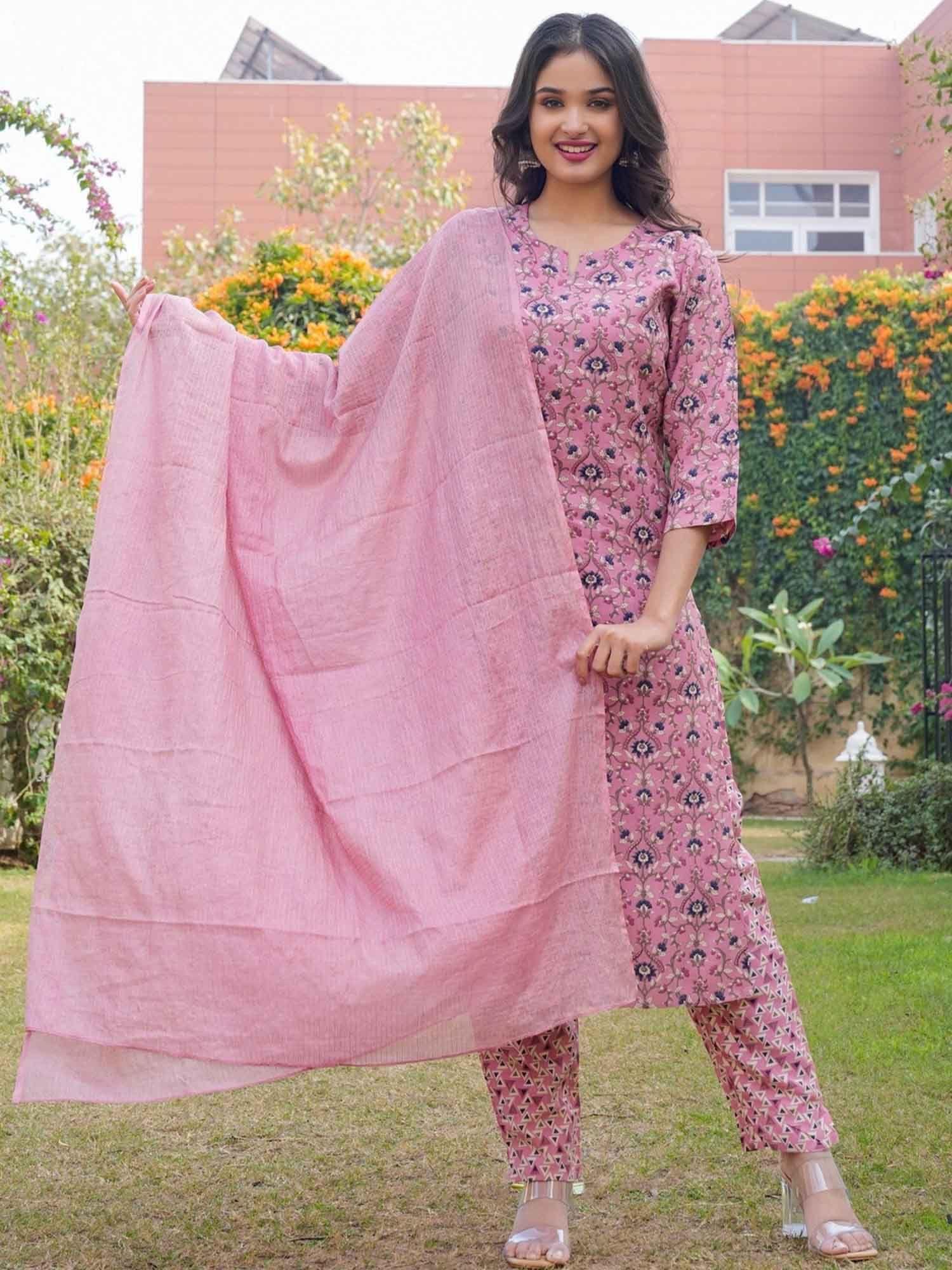 women floral print straight cotton flamingo kurta & pant with dupatta (set of 3)