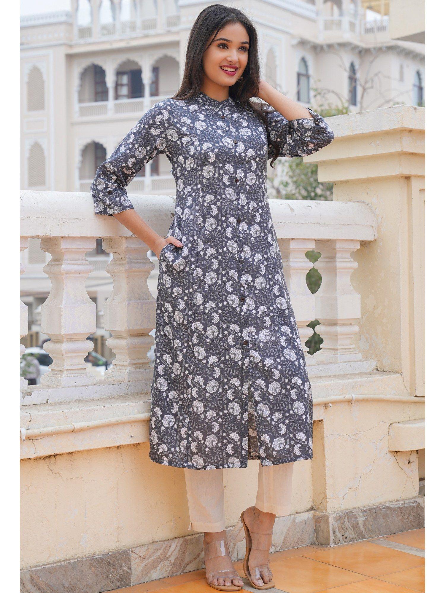 women floral print straight cotton grey kurta