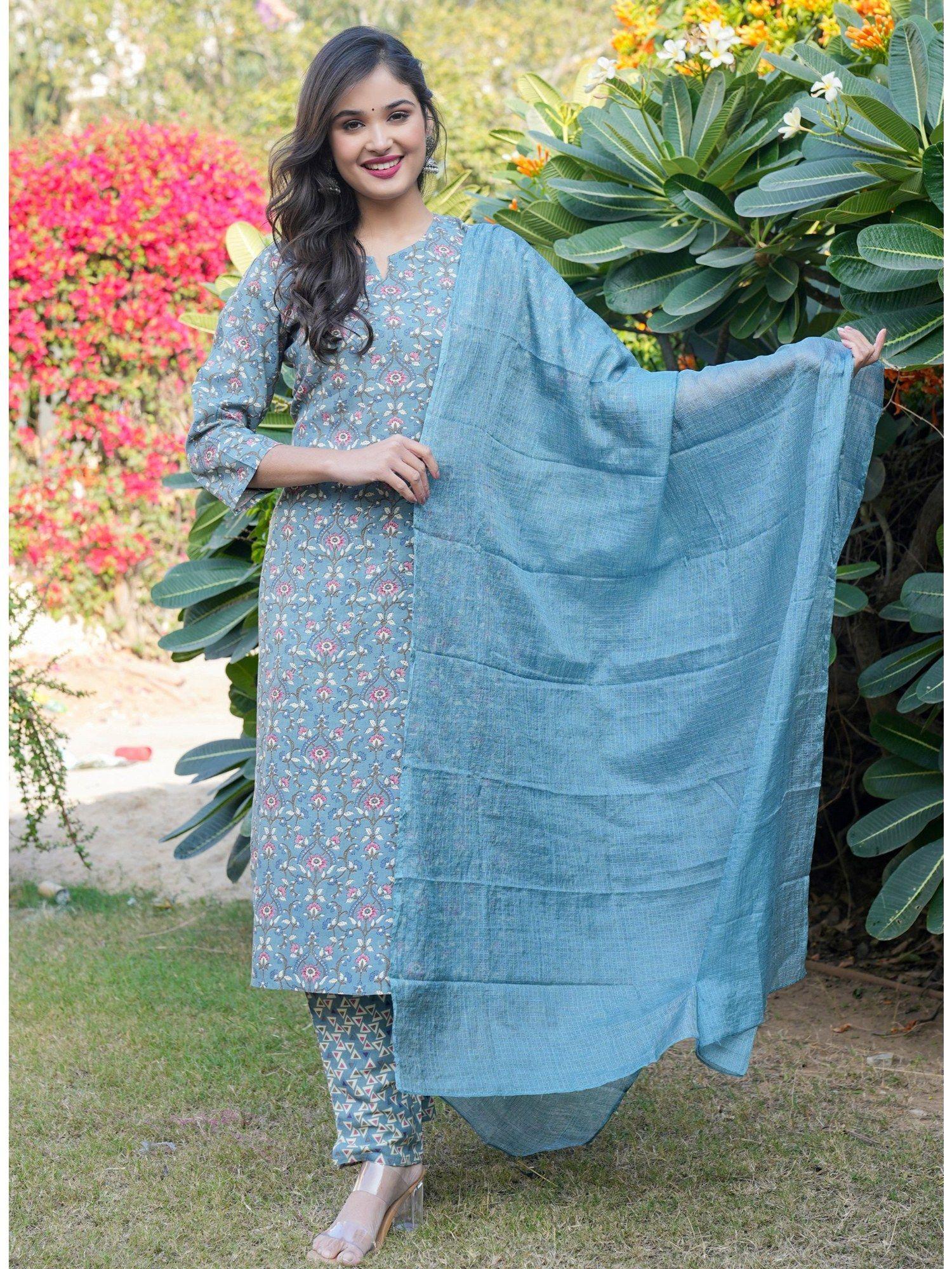 women floral print straight cotton light blue kurta & pant with dupatta (set of 3)