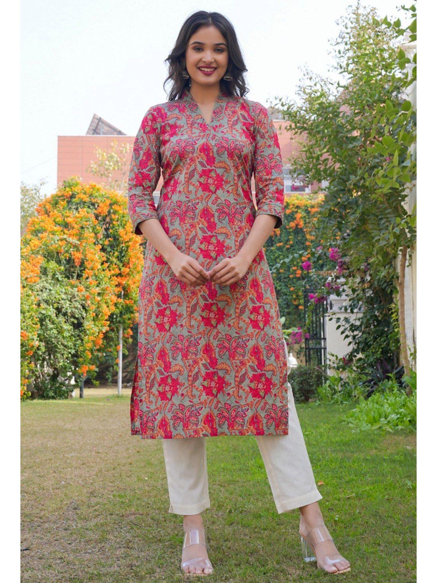 women floral print straight cotton multi color kurta