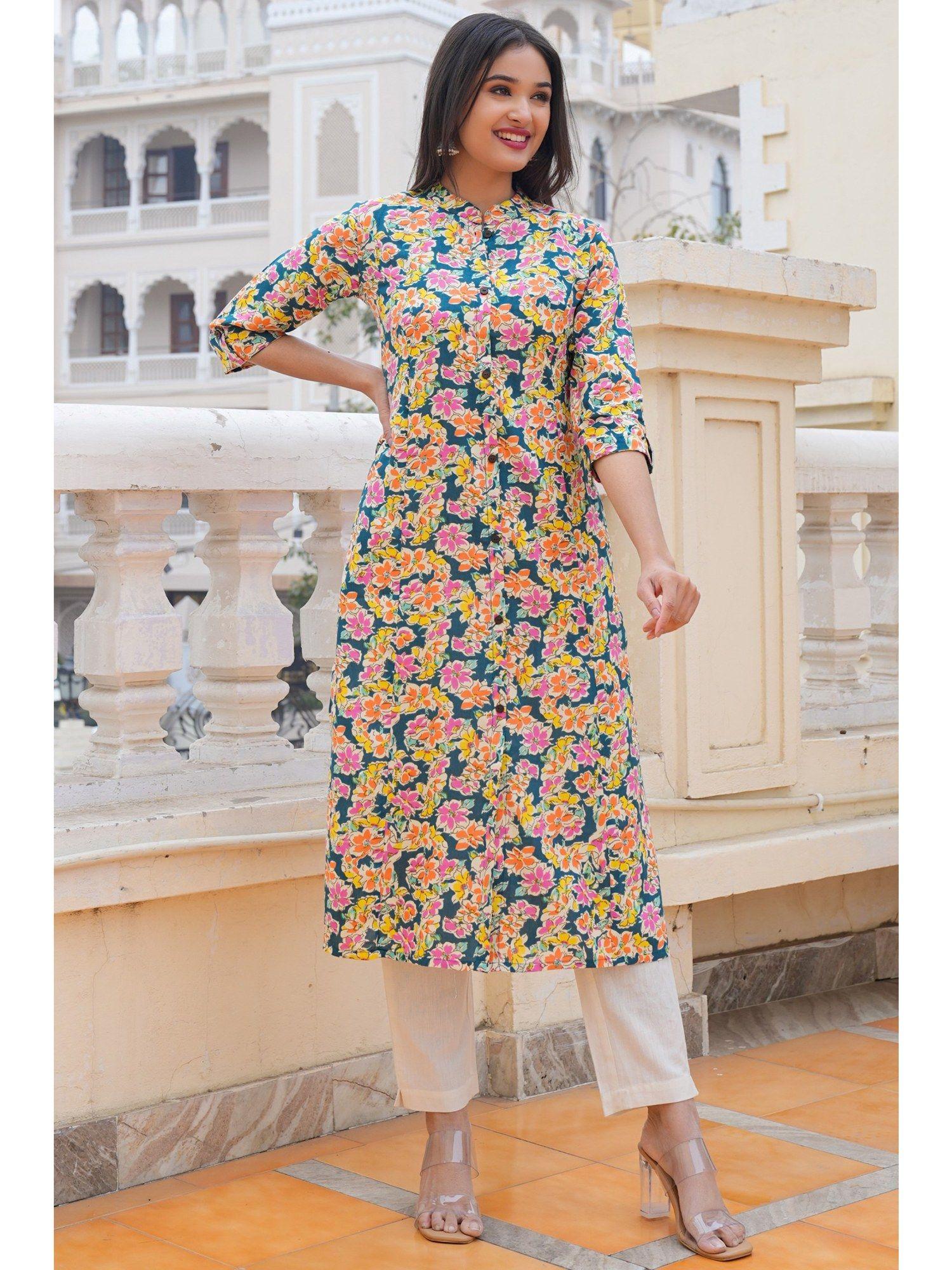 women floral print straight cotton multicolor kurta