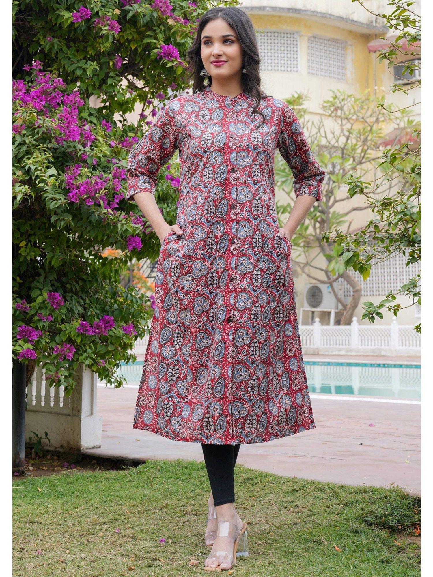 women floral print straight cotton red kurta