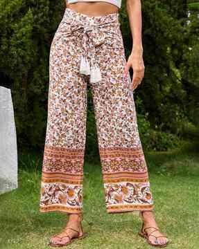 women floral print straight fit palazzos with tassels