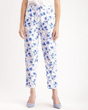 women floral print straight fit pleat-front pants
