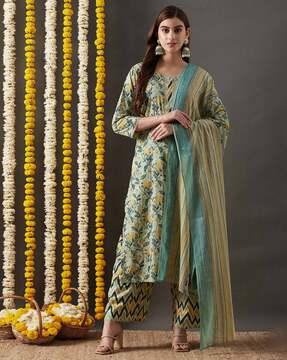women floral print straight kurta & palazzos with dupatta