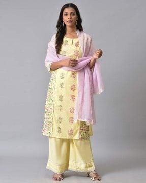 women floral print straight kurta & palazzos with dupatta