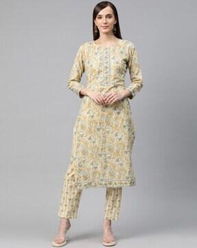 women floral print straight kurta & pants set