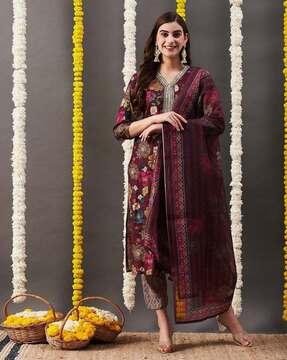 women floral print straight kurta & pants set