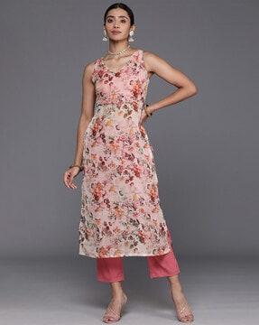 women floral print straight kurta & pants set