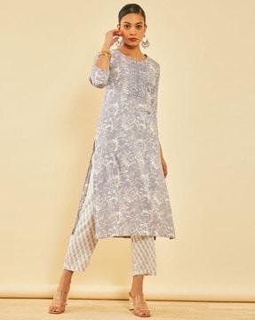 women floral print straight kurta & pants set