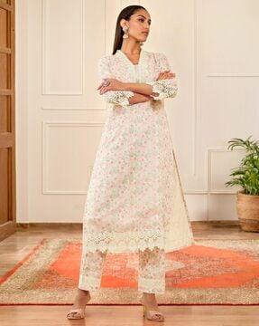 women floral print straight kurta & pants set