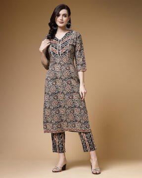 women floral print straight kurta & pants set