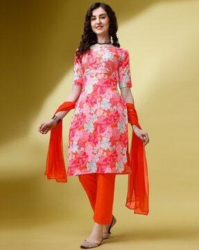 women floral print straight kurta & pants with dupatta