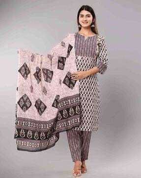 women floral print straight kurta & pants with dupatta