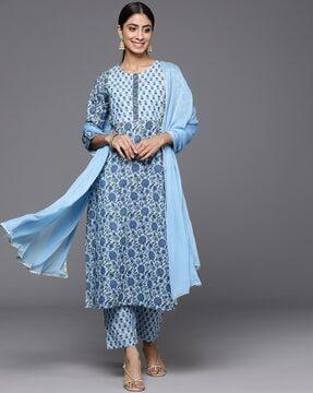 women floral print straight kurta & pants with dupatta