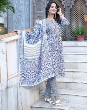 women floral print straight kurta & pants with dupatta