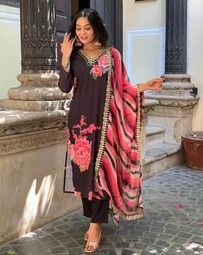 women floral print straight kurta & pants with dupatta