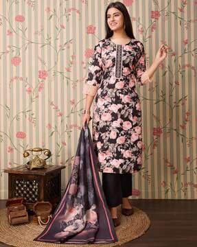 women floral print straight kurta & pants with dupatta