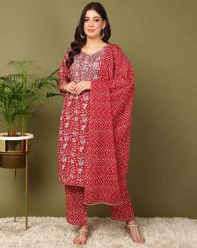women floral print straight kurta pants set with dupatta