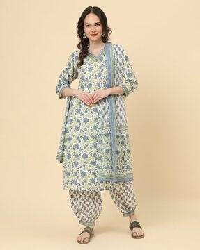 women floral print straight kurta set with dupatta