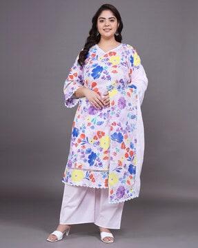 women floral print straight kurta set with dupatta