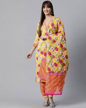 women floral print straight kurta set with dupatta