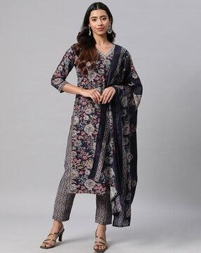 women floral print straight kurta set with dupatta