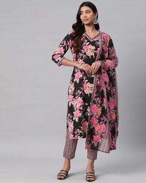 women floral print straight kurta set with dupatta